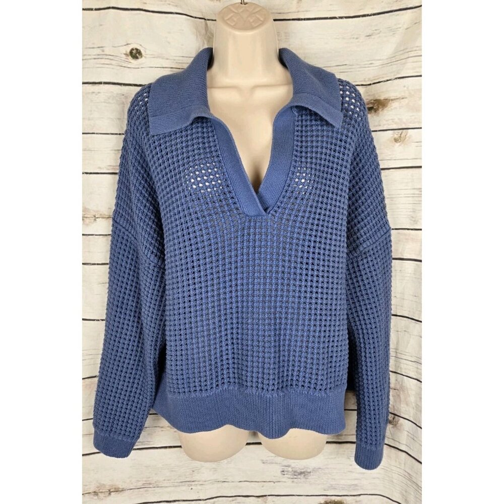 Abercrombie & Fitch Open Weave Crochet Sweater XL Blue Polo Pullover 100% Cotton